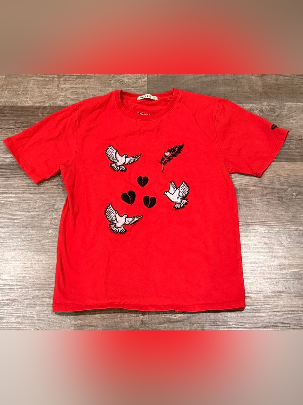 Red Kids Graphic Tee with Dove & Heart Patch